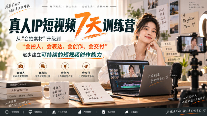 真人IP短视频7天训练营，从“会拍素材”升级到“会拍人、会表达、会创作、会交付”，逐步建立可持续的短视频创作能力-LanTi云网创