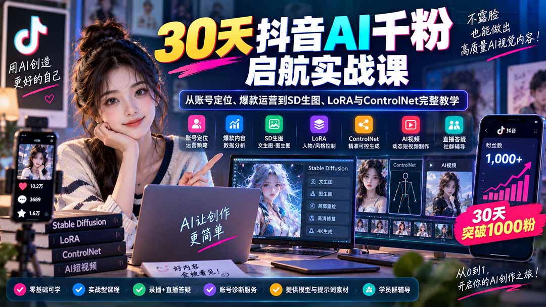 30天抖音AI千粉启航实战课：从账号定位、爆款运营到SD生图、LoRA与ControlNet完整教学-LanTi云网创