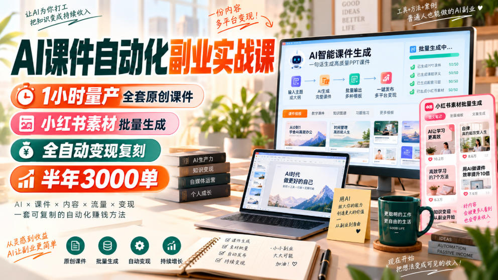 AI课件自动化副业实战课，1小时量产全套原创课件，小红书素材批量生成，全自动变现复刻，半年3000单-LanTi云网创