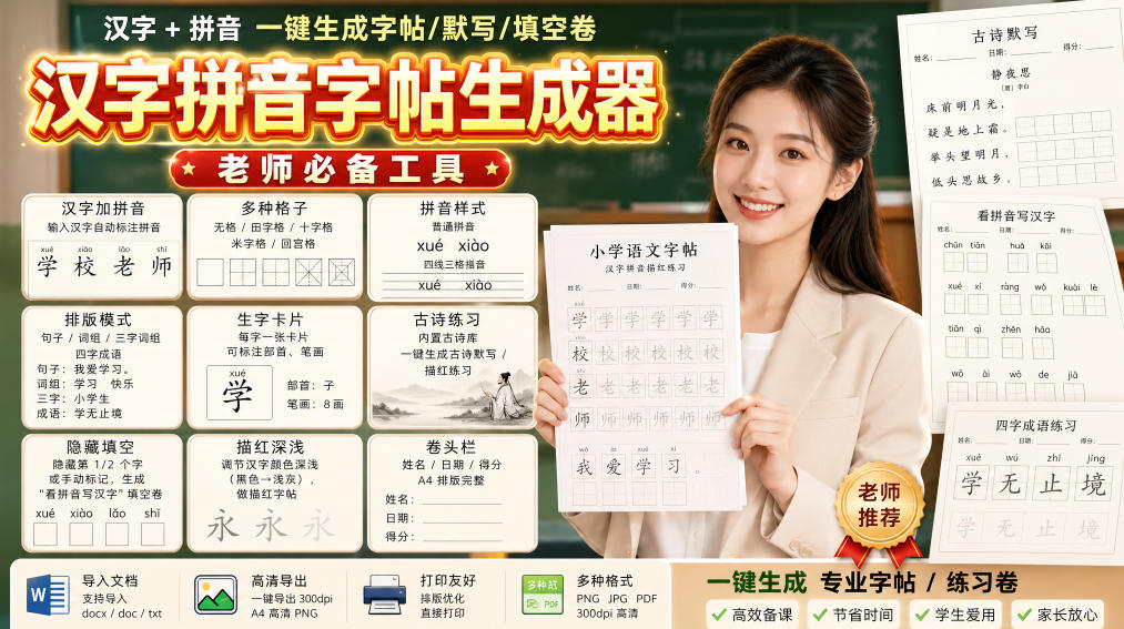 学习神器，汉字拼音字帖生成器，汉字+拼音 一键生成字帖/默写/填空卷，支持词组、成语，老师、家长必备-LanTi云网创