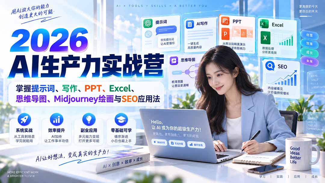 2026AI生产力实战营：掌握提示词、写作、PPT、Excel、思维导图、Midjourney绘画与SEO应用法-LanTi云网创