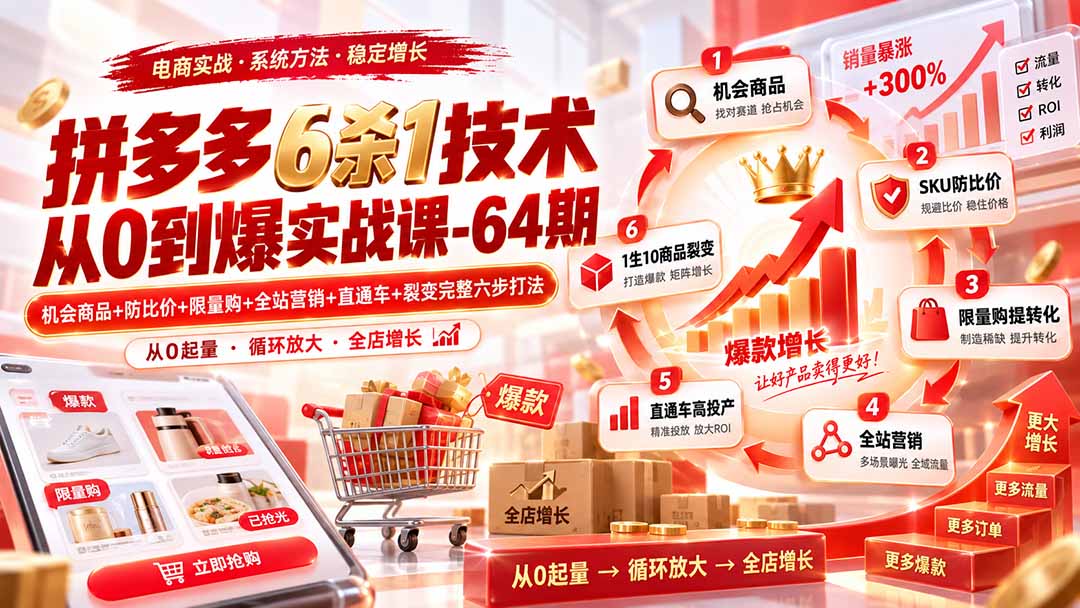 拼多多6杀1技术从0到爆实战课-64期：机会商品+防比价+限量购+全站营销+直通车+裂变完整六步打法-LanTi云网创