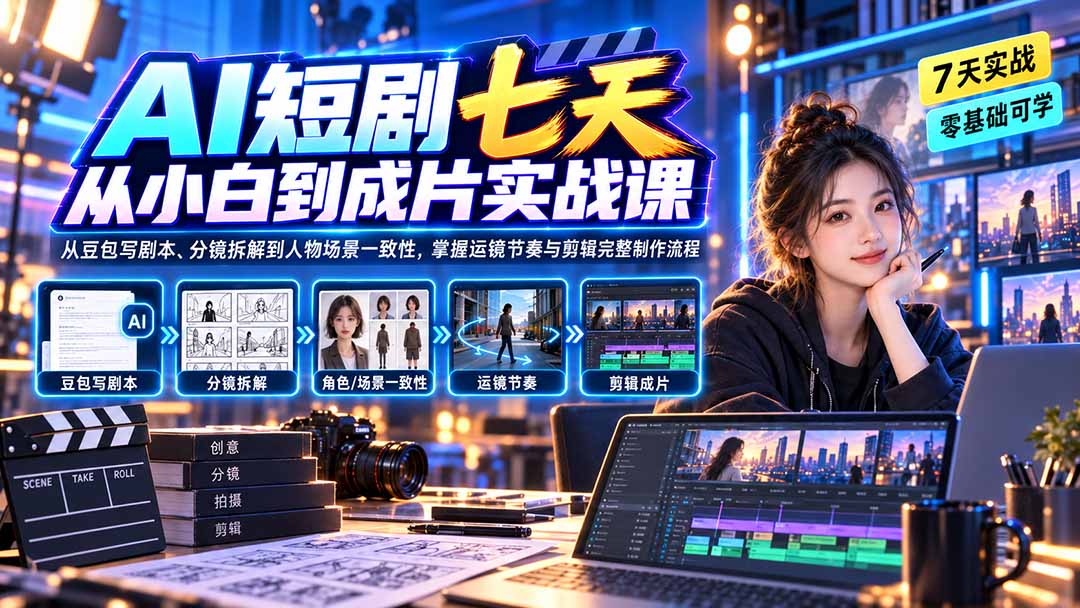 AI短剧七天从小白到成片实战课：从豆包写剧本、分镜拆解到人物场景一致性，掌握运镜节奏与剪辑完整制作流程-LanTi云网创