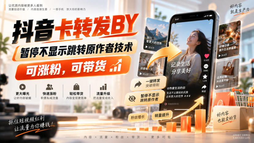 抖音卡转发搬运，暂停不显示跳转原作者技术，可涨粉，可带货-LanTi云网创