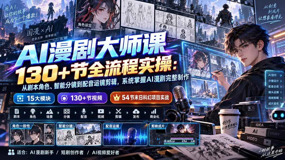 AI漫剧大师课130+节全流程实操：从剧本角色、智能分镜到配音运镜剪辑，系统掌握AI漫剧完整制作-LanTi云网创