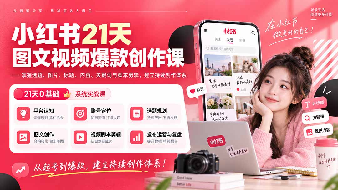 小红书21天图文视频爆款创作课：掌握选题、图片、标题、内容、关键词与脚本剪辑，建立持续创作体系-LanTi云网创