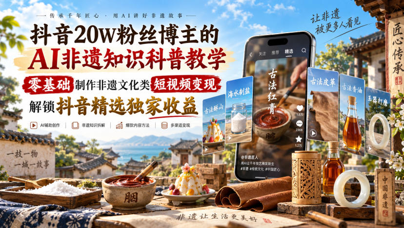 抖音20W粉丝博主的AI非遗知识科普教学，零基础制作非遗文化类短视频变现，解锁抖音精选独家收益-LanTi云网创