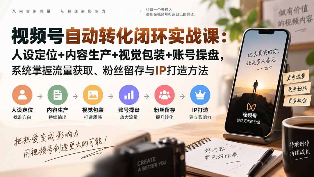 视频号自动转化闭环实战课：人设定位+内容生产+视觉包装+账号操盘，系统掌握流量获取、粉丝留存与IP打造方法-LanTi云网创
