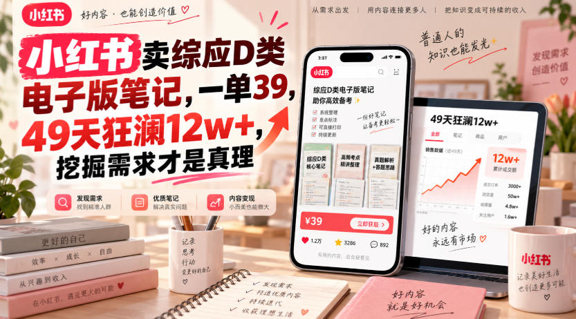 小红书卖综应D类电子版笔记，一单39，49天狂澜12w+，挖掘需求才是真理-LanTi云网创