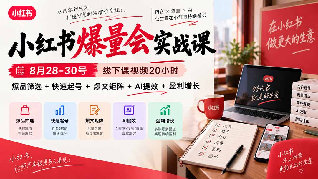 小红书爆量会实战课：8月28-30号线下课视频20小时，爆品筛选+快速起号+爆文矩阵+AI提效+盈利增长-LanTi云网创