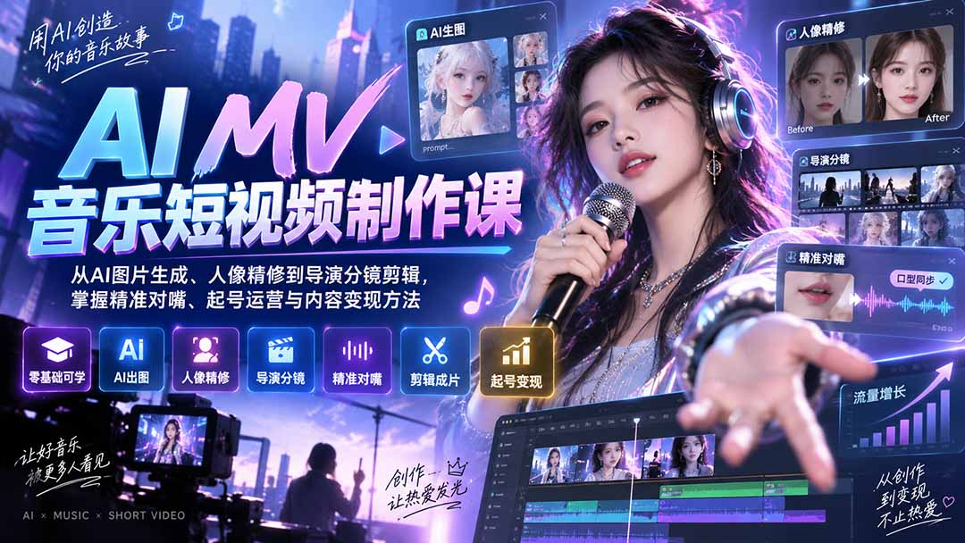 AI MV音乐短视频制作课：从AI图片生成、人像精修到导演分镜剪辑，掌握精准对嘴、起号运营与内容变现方法-LanTi云网创