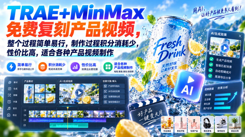 TRAE+MinMax免费复刻产品视频，整个过程简单易行，制作过程积分消耗少，性价比高，适合各种产品视频制作-LanTi云网创