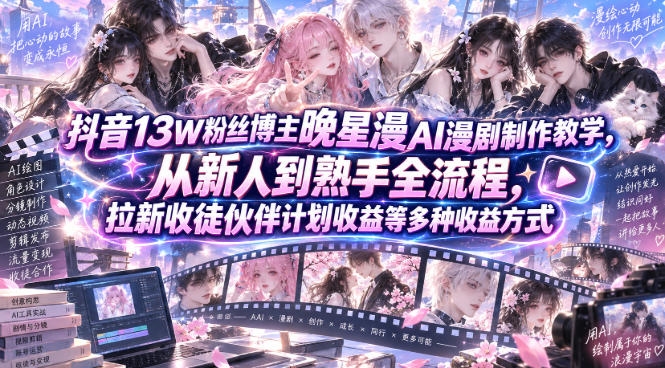 抖音13W粉丝博主晚星漫AI漫剧制作教学，从新人到熟手全流程，拉新收徒伙伴计划收益等多种收益方式，单日1K+-LanTi云网创