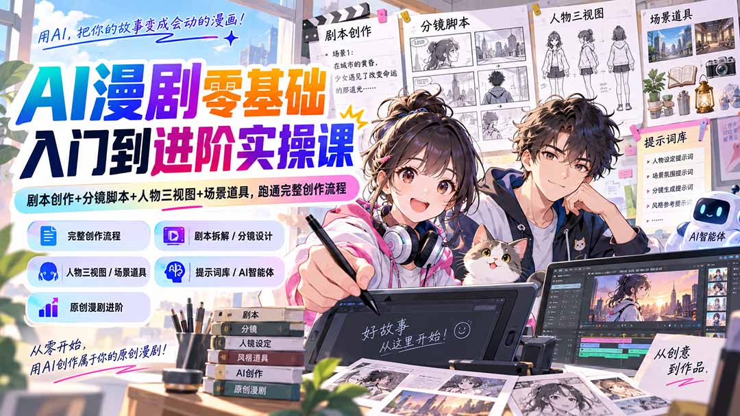 AI漫剧零基础入门到进阶实操课：剧本创作+分镜脚本+人物三视图+场景道具，跑通完整创作流程-LanTi云网创