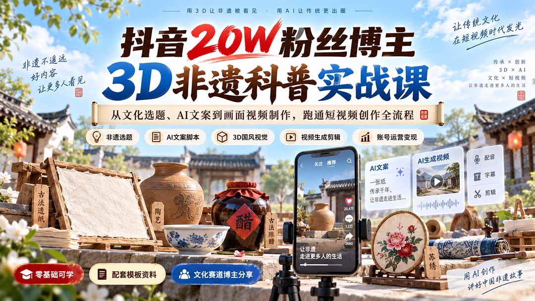 抖音20W粉丝博主3D非遗科普实战课：从文化选题、AI文案到画面视频制作，跑通短视频创作全流程-LanTi云网创