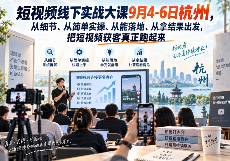 短视频线下实战大课9月4-6日杭州，从细节、从简单实操、从能落地、从拿结果出发，把短视频获客真正跑起来-LanTi云网创