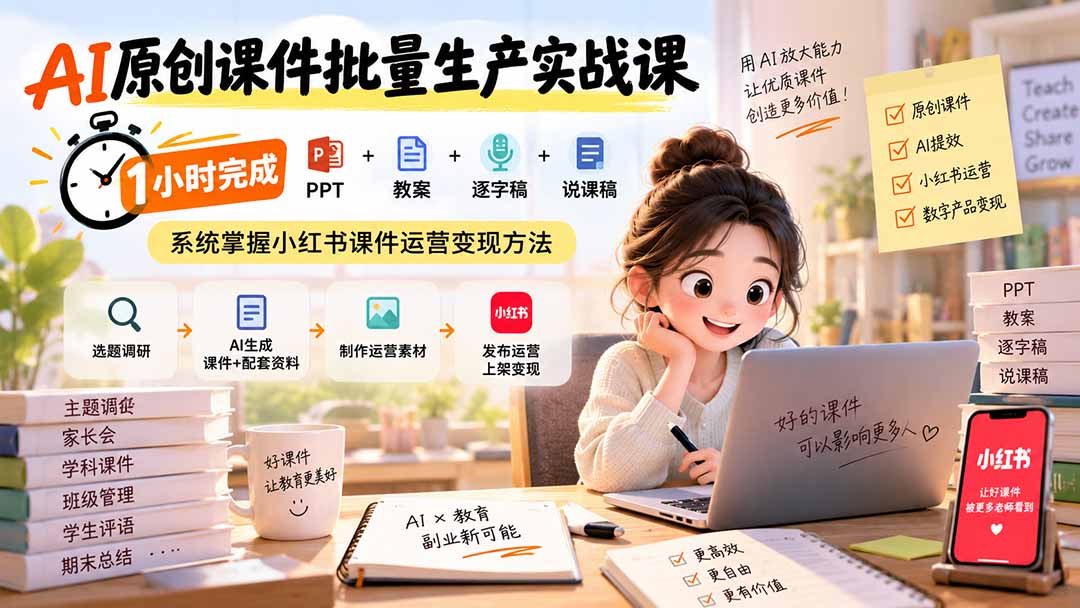 AI原创课件批量生产实战课：1小时完成PPT+教案+逐字稿+说课稿，系统掌握小红书课件运营变现方法-LanTi云网创