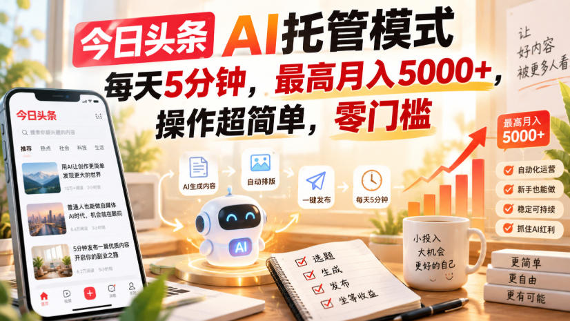 今日头条AI托管模式，每天5分钟，最高月入5000+，操作超简单，零门槛【揭秘】-LanTi云网创