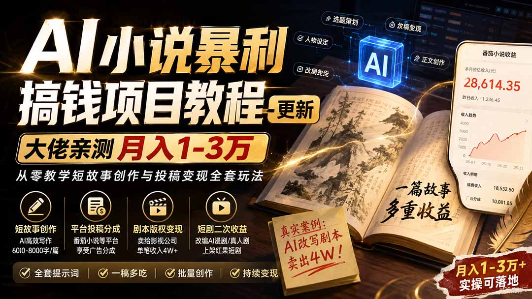 AI小说短故事暴利搞钱项目教程-更新，大佬亲测月入1-3万，从零教学短故事创作与投稿变现全套玩法-LanTi云网创