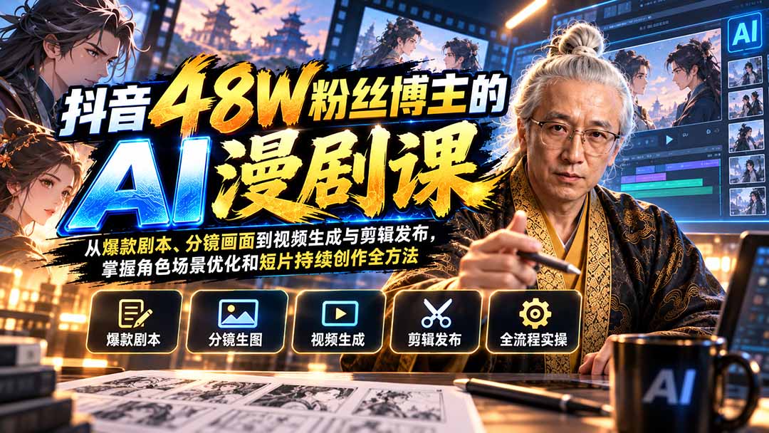 抖音48W粉丝博主的AI漫剧课：从爆款剧本、分镜画面到视频生成与剪辑发布，掌握角色场景优化和短片持续创作全方法-LanTi云网创