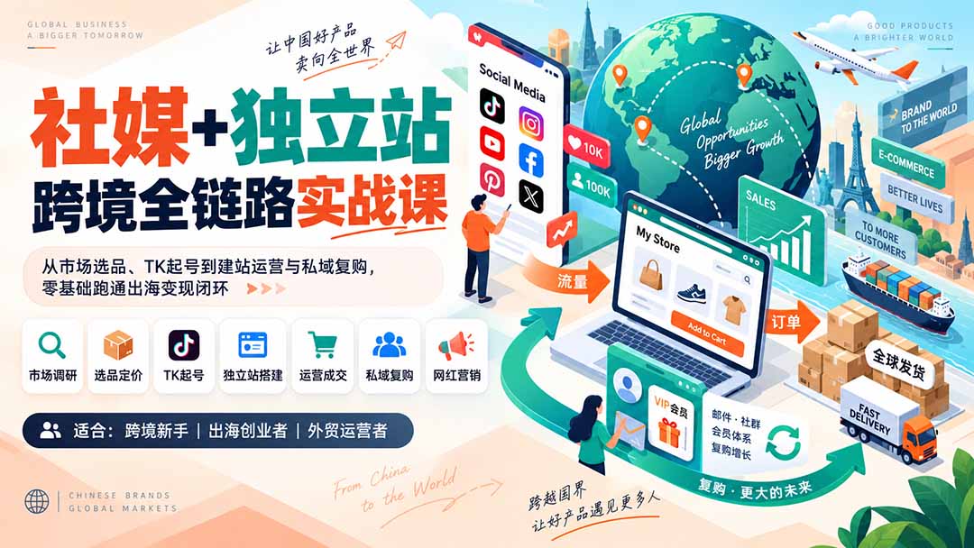 社媒+独立站跨境全链路实战课：从市场选品、TK起号到建站运营与私域复购，零基础跑通出海变现闭环-LanTi云网创