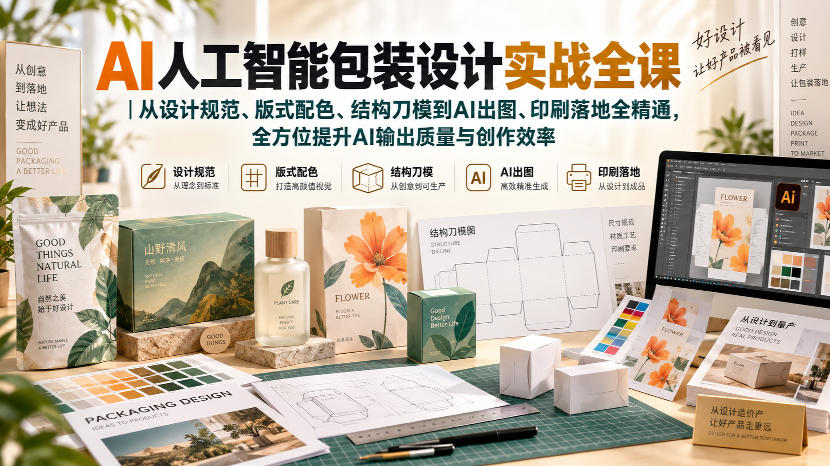 AI人工智能包装设计实战全课｜从设计规范、版式配色、结构刀模到AI出图、印刷落地全精通-LanTi云网创