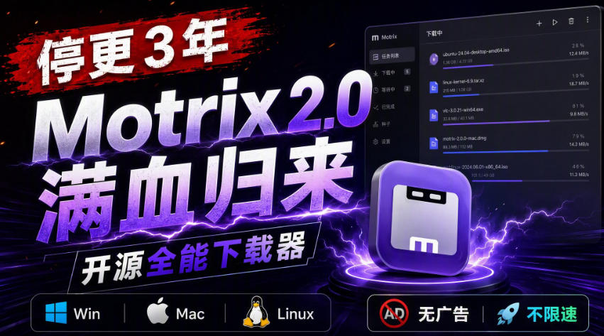 停更3年，Motrix 2.0满血归来：开源全能下载器，Win/Mac/Linux通吃，无广告不限速-LanTi云网创