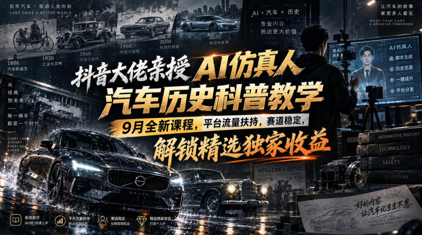 抖音大佬亲授AI仿真人汽车历史科普教学，9月全新课程，平台流量扶持，赛道稳定，解锁精选独家收益-LanTi云网创