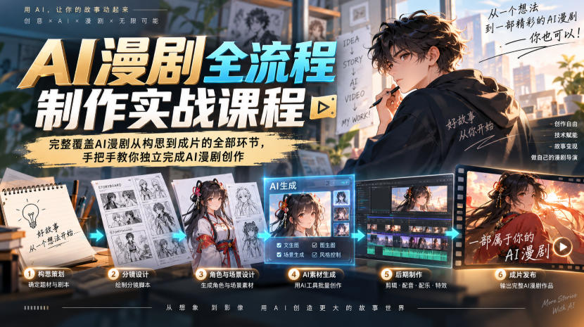 AI漫剧全流程制作实战课程，完整覆盖AI漫剧从构思到成片的全部环节，手把手教你独立完成AI漫剧创作-LanTi云网创