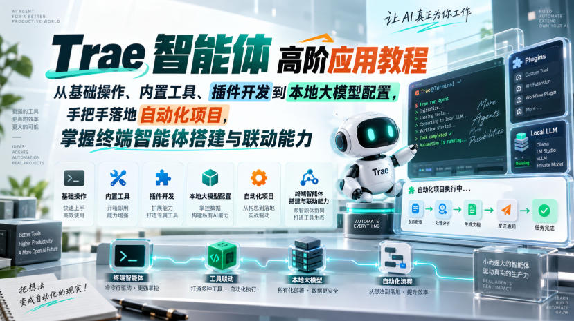 Trae智能体高阶应用教程，从基础操作、内置工具、插件开发到本地大模型配置，手把手落地自动化项目-LanTi云网创
