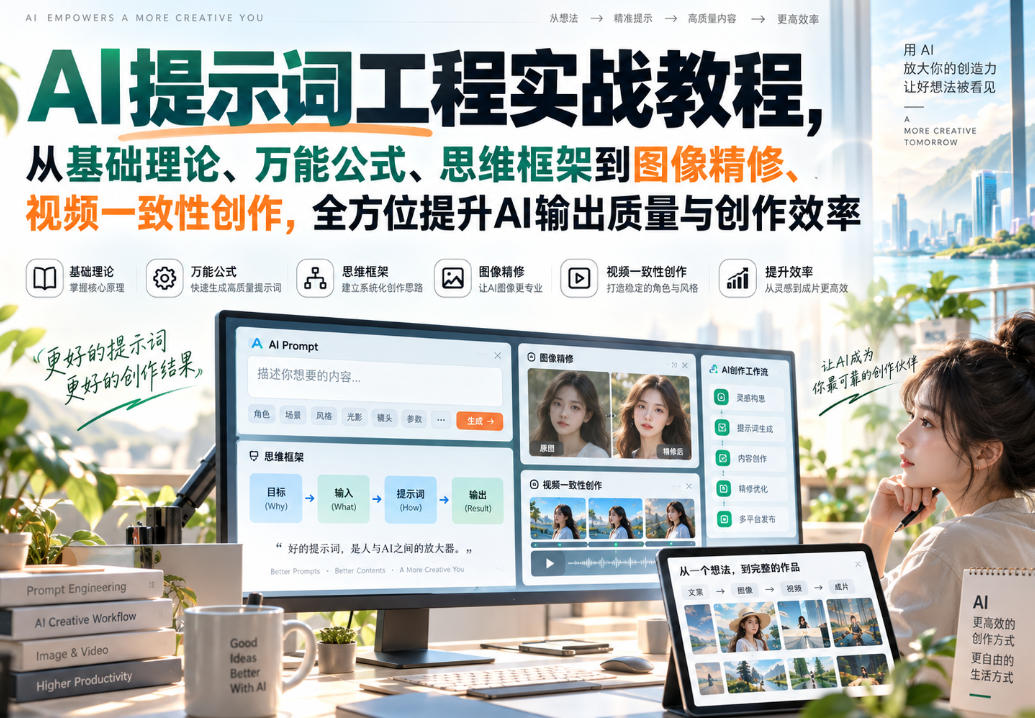 AI提示词工程实战教程，从基础理论、万能公式、思维框架到图像精修、视频一致性创作，全方位提升AI输出质量与创作效率-LanTi云网创