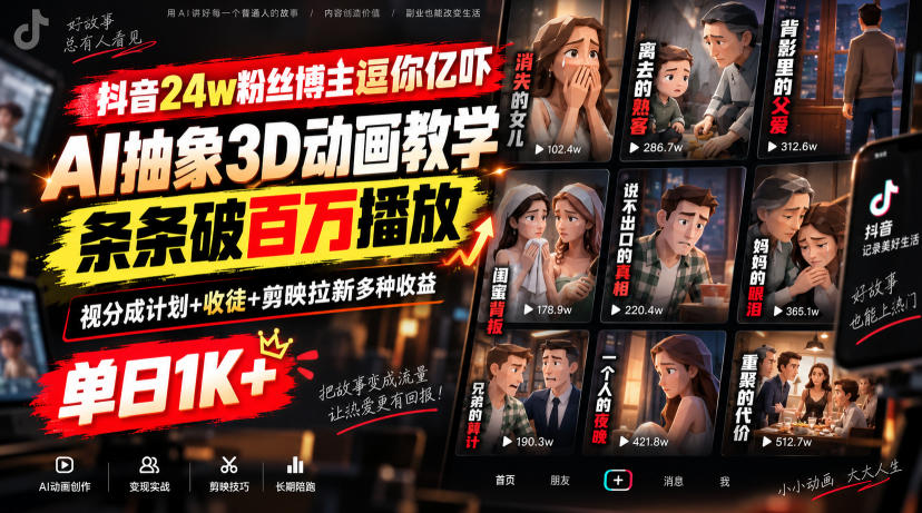 抖音24w粉丝博主逗你亿吓AI抽象3D动画教学，条条破百万播放，分成计划+收徒+剪映拉新多种收益，单日1K+-LanTi云网创