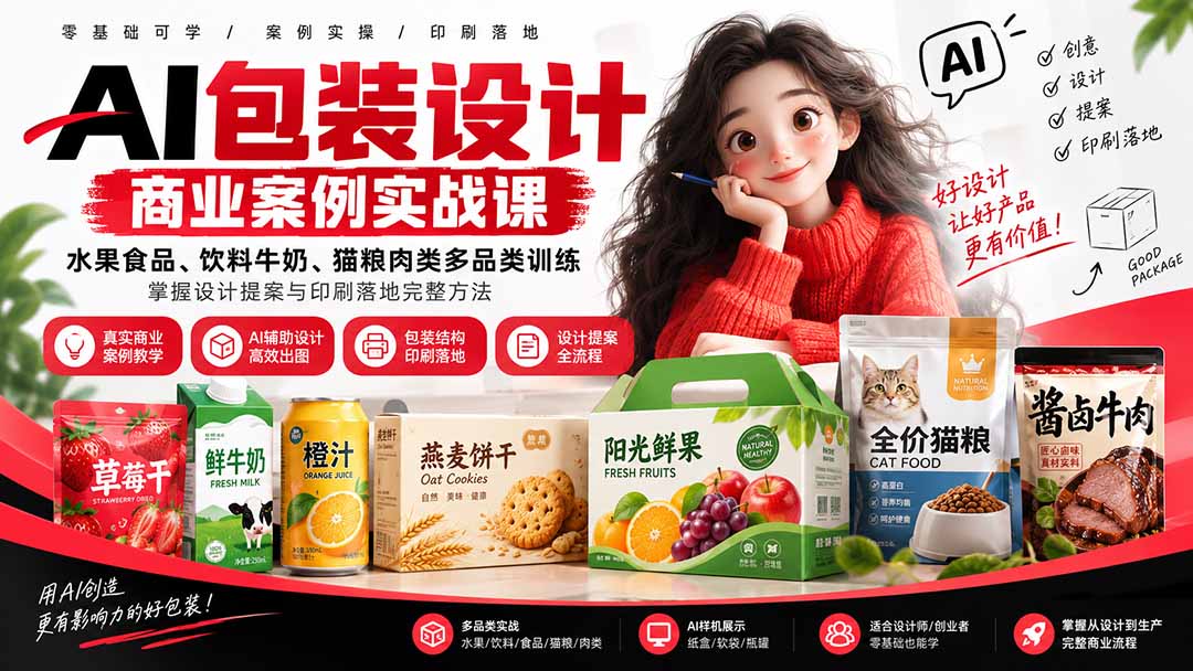 AI包装设计商业案例实战课：水果食品、饮料牛奶、猫粮肉类多品类训练，掌握设计提案与印刷落地完整方法-LanTi云网创