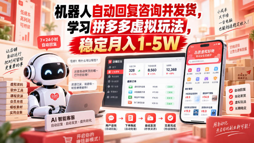 机器人自动回复咨询并发货，学习拼多多虚拟玩法，稳定月入1-5W【揭秘】-LanTi云网创