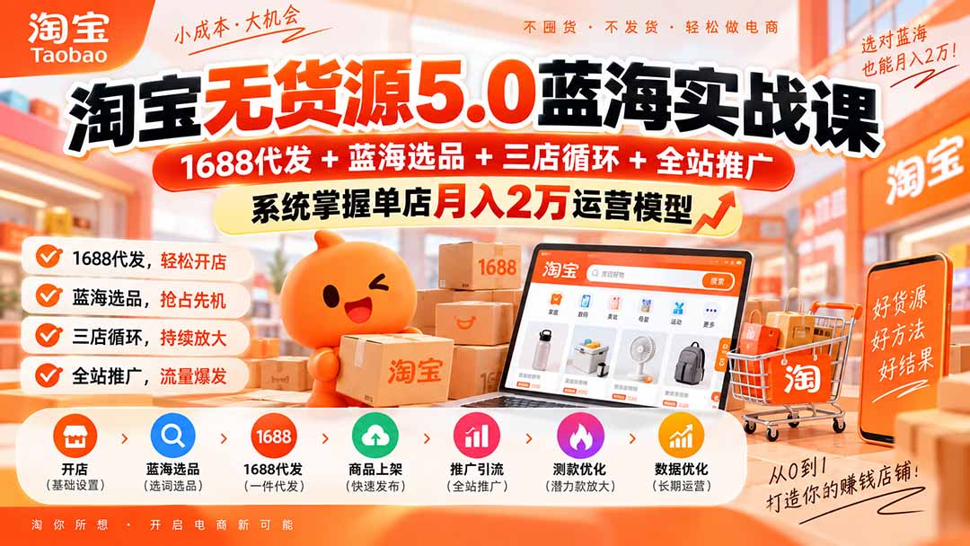 淘宝无货源5.0蓝海实战课-更新：1688代发+蓝海选品+三店循环+全站推广，系统掌握单店月入2万运营模型-LanTi云网创