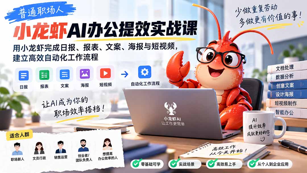 普通职场人AI办公提效实战课：用小龙虾完成日报、报表、文案、海报与短视频，建立高效自动化工作流程-LanTi云网创