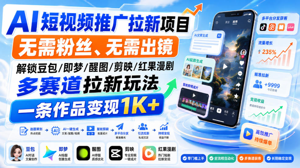 AI短视频推广拉新项目，无需粉丝、无需出镜，解锁豆包/即梦/醒图/剪映/红果漫剧多赛道拉新玩法，一条作品变现1K+(更新0910)-LanTi云网创