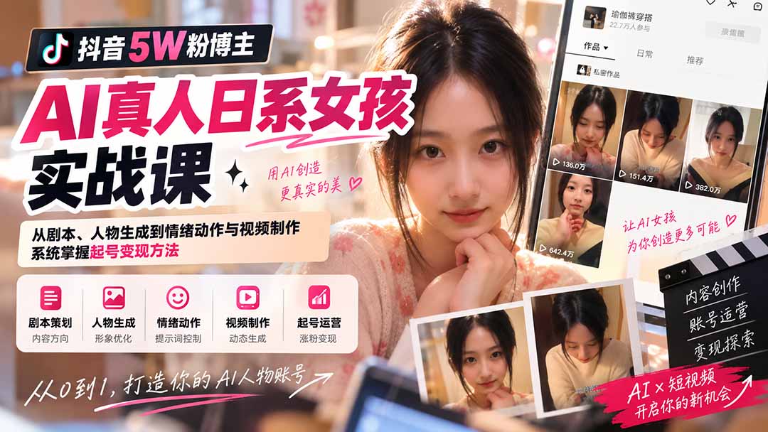 抖音5W粉博主AI真人日系女孩实战课：从剧本、人物生成到情绪动作与视频制作，系统掌握起号变现方法-LanTi云网创