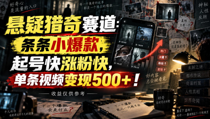 悬疑猎奇赛道：条条小爆款，起号快涨粉快，单条视频变现500+！收益仅供参考-LanTi云网创