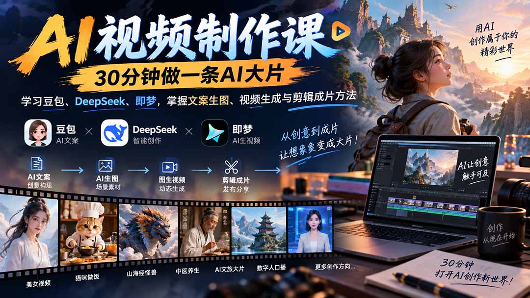 AI视频制作课-30分钟做一条AI大片：学习豆包、DeepSeek、即梦，掌握文案生图、视频生成与剪辑成片方法-LanTi云网创