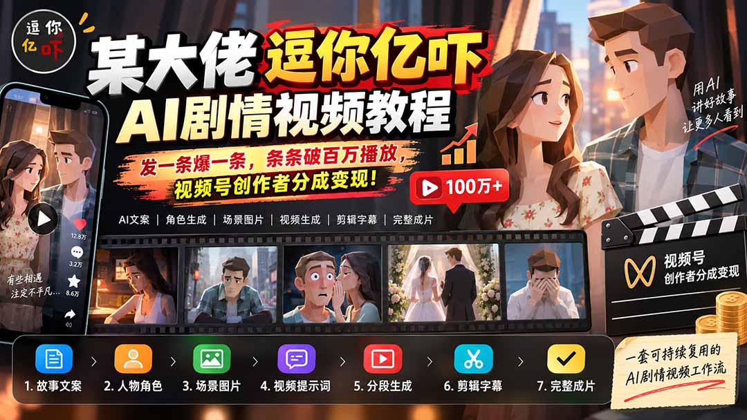 某大佬逗你亿吓AI低模剧情视频制作教程：发一条爆一条，条条破百万播放，利用视频号创作者分成变现!-LanTi云网创