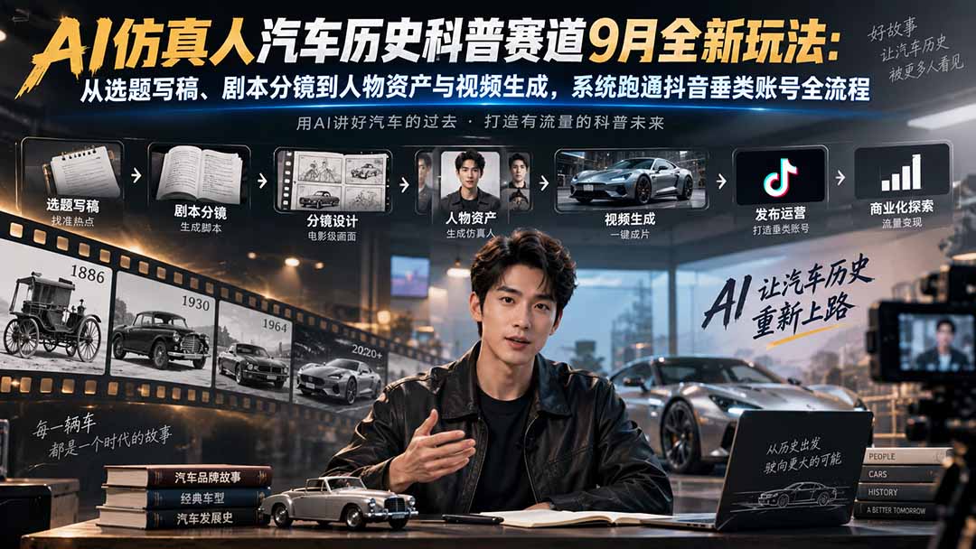 AI仿真人汽车历史科普赛道9月全新玩法：从选题写稿、剧本分镜到人物资产与视频生成，系统跑通抖音垂类账号全流程-LanTi云网创
