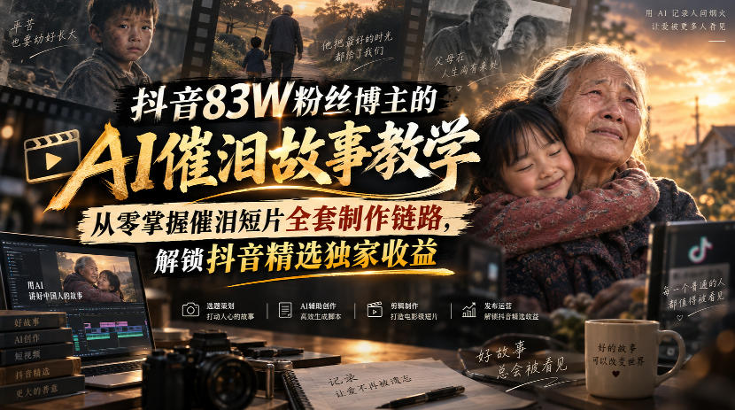 抖音83W粉丝博主的AI催泪故事教学，从零掌握催泪短片全套制作链路，解锁抖音精选独家收益-LanTi云网创