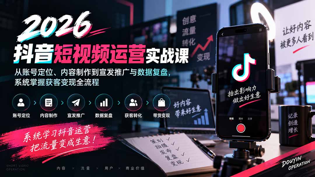 2026抖音短视频运营实战课：从账号定位、内容制作到宣发推广与数据复盘，系统掌握获客变现全流程-LanTi云网创