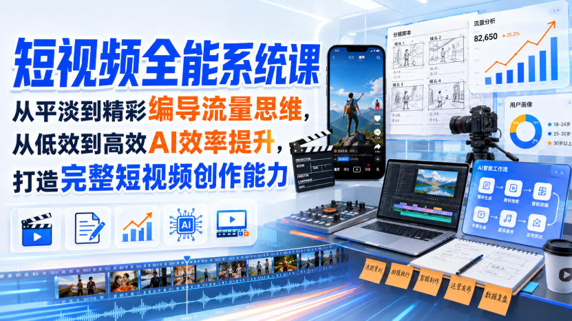 短视频全能系统课，从平淡到精彩编导流量思维，从低效到高效AI效率提升，打造完整短视频创作能力(完整版)-LanTi云网创