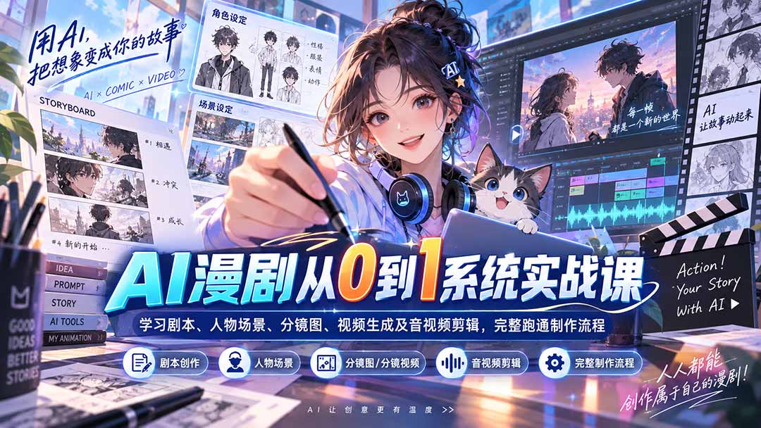 AI漫剧从0到1系统实战课：学习剧本、人物场景、分镜图、视频生成及音视频剪辑，完整跑通制作流程-LanTi云网创