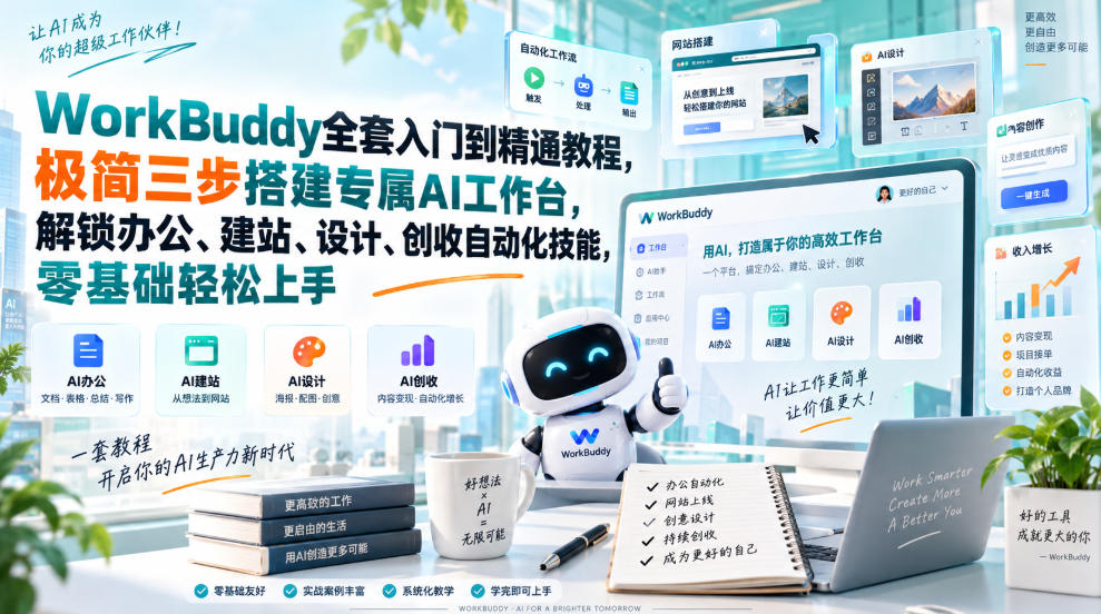WorkBuddy全套入门到精通教程，极简三步搭建专属AI工作台，解锁办公、建站、设计、创收自动化技能，零基础轻松上手-LanTi云网创