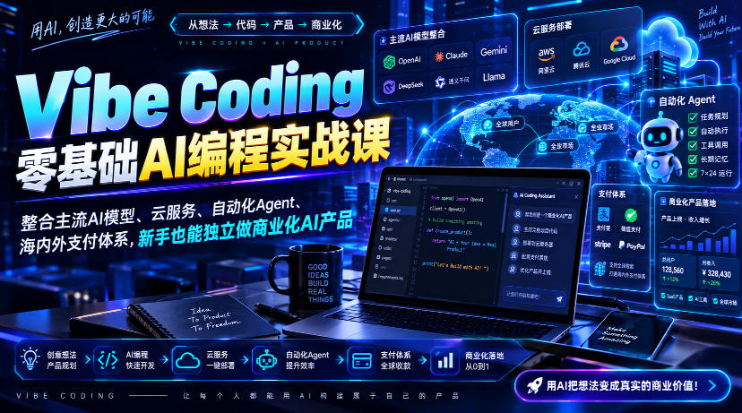 Vibe Coding零基础AI编程实战课-无水印，整合主流AI模型、云服务、自动化Agent、海内外支付体系，新手也能独立做商业化AI产品-LanTi云网创