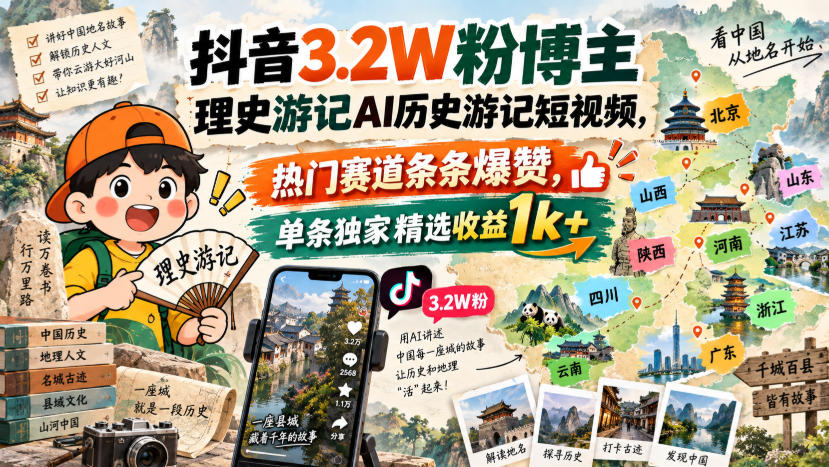 抖音3.2W粉博主理史游记AI历史游记短视频教学，热门赛道条条爆赞，单条独家精选收益1k+-LanTi云网创