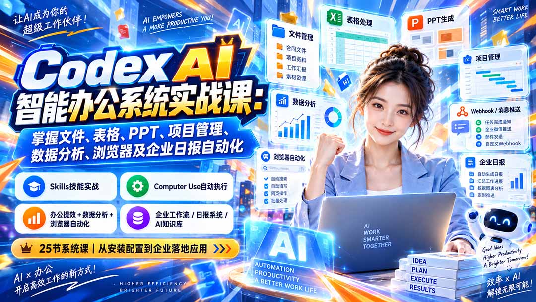 Codex AI智能办公系统实战课：掌握文件、表格、PPT、项目管理、数据分析、浏览器及企业日报自动化-LanTi云网创